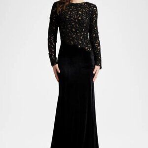 Tadashi Shoji Black Sequin Lace Bodice Long Sleeve Velvet Gown